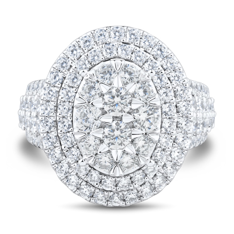 Main Image 3 of 2.95 CT. T.W. Oval-Shaped Multi-Diamond Double Frame Triple Row Shank Engagement Ring in 14K White Gold