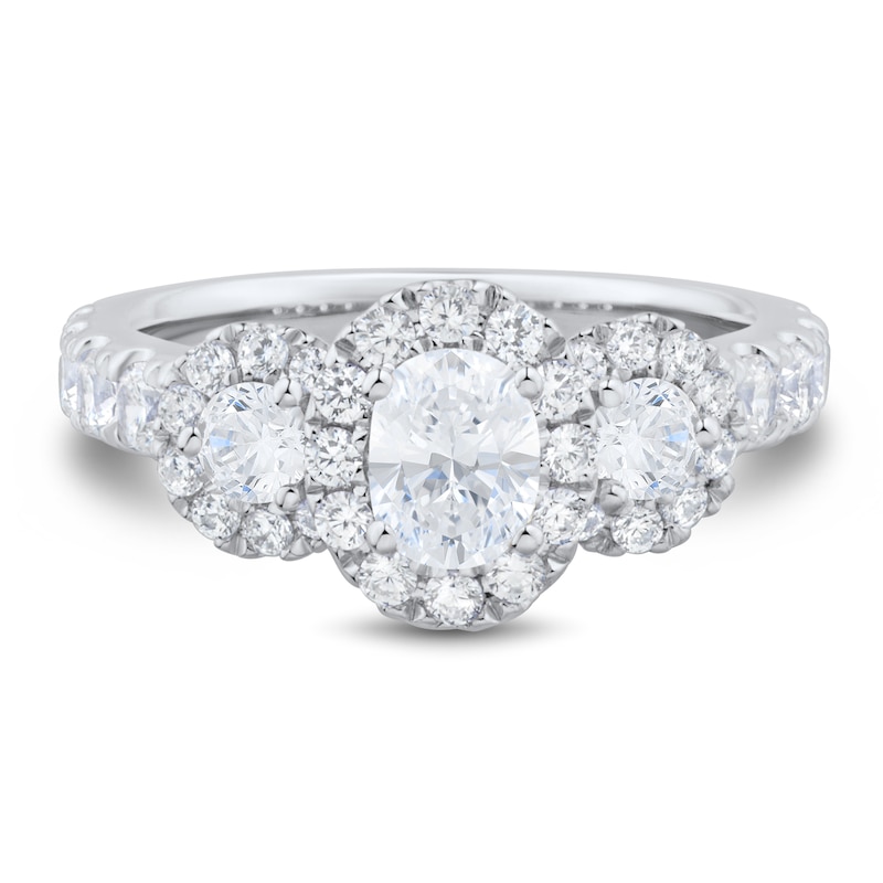 Main Image 3 of 1.95 CT. T.W. Oval and Round Diamond Frame Three Stone Engagement Ring in 14K White Gold