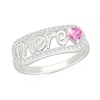 4.0mm Heart-Shaped Pink and White Lab-Created Sapphire French “Mother” Script Ring in Sterling Silver
