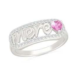 4.0mm Heart-Shaped Pink and White Lab-Created Sapphire French “Mother” Script Ring in Sterling Silver