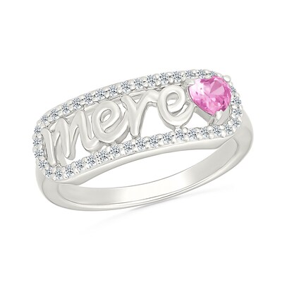 4.0mm Heart-Shaped Pink and White Lab-Created Sapphire French “Mother” Script Ring in Sterling Silver