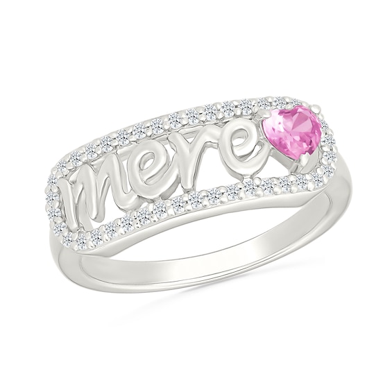 4.0mm Heart-Shaped Pink and White Lab-Created Sapphire French “Mother” Script Ring in Sterling Silver
