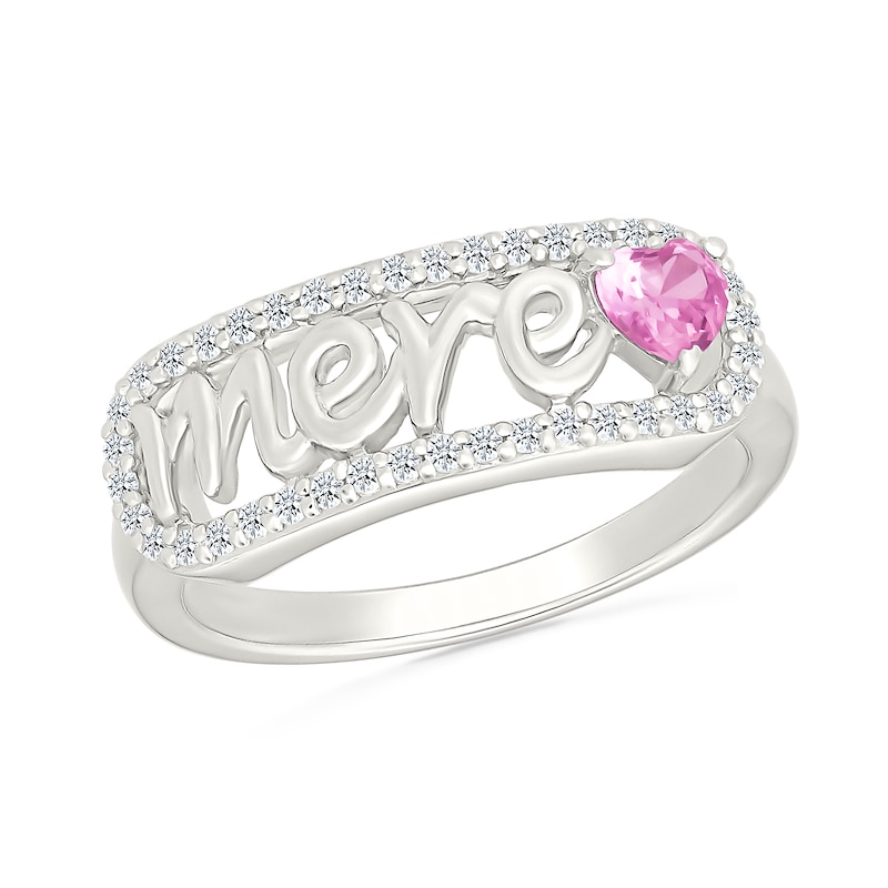 4.0mm Heart-Shaped Pink and White Lab-Created Sapphire French “Mother” Script Ring in Sterling Silver