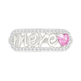 4.0mm Heart-Shaped Pink and White Lab-Created Sapphire French “Mother” Script Ring in Sterling Silver