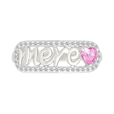4.0mm Heart-Shaped Pink and White Lab-Created Sapphire French “Mother” Script Ring in Sterling Silver