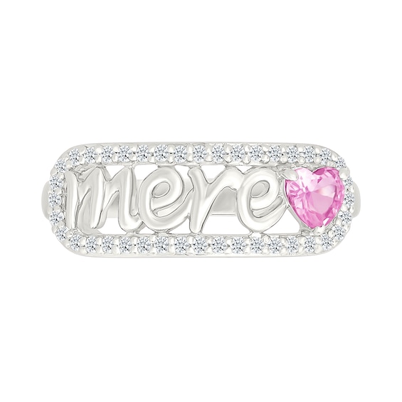 4.0mm Heart-Shaped Pink and White Lab-Created Sapphire French “Mother” Script Ring in Sterling Silver