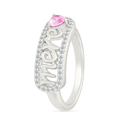 4.0mm Heart-Shaped Pink and White Lab-Created Sapphire French “Mother” Script Ring in Sterling Silver