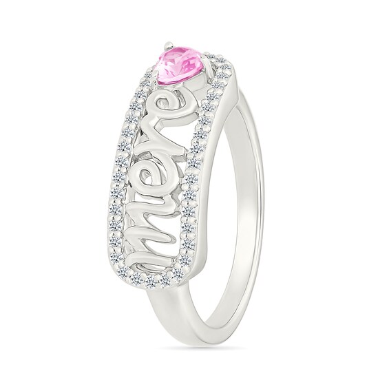 4.0mm Heart-Shaped Pink and White Lab-Created Sapphire French “Mother” Script Ring in Sterling Silver
