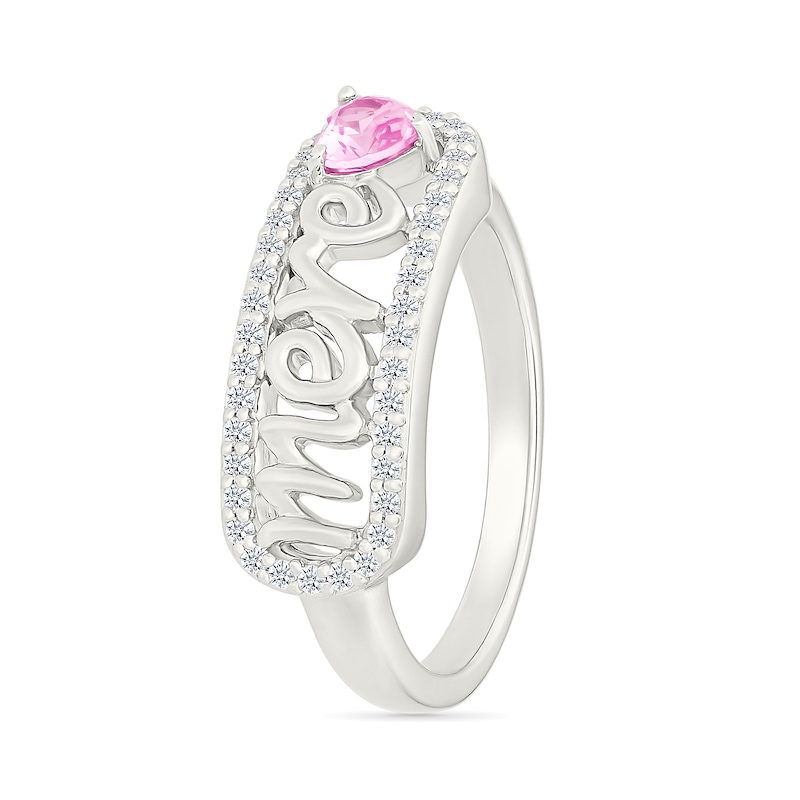 4.0mm Heart-Shaped Pink and White Lab-Created Sapphire French “Mother” Script Ring in Sterling Silver