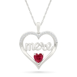 5.0mm Heart-Shaped Lab-Created Ruby and 0.115 CT. T.W. Diamond French “Mother” Heart Pendant in Sterling Silver