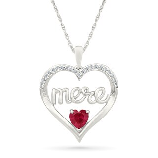 5.0mm Heart-Shaped Lab-Created Ruby and 0.115 CT. T.W. Diamond French “Mother” Heart Pendant in Sterling Silver
