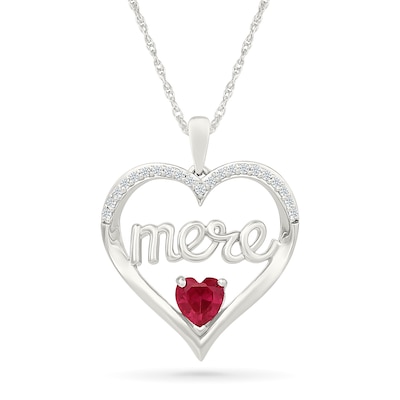 5.0mm Heart-Shaped Lab-Created Ruby and 0.115 CT. T.W. Diamond French “Mother” Heart Pendant in Sterling Silver