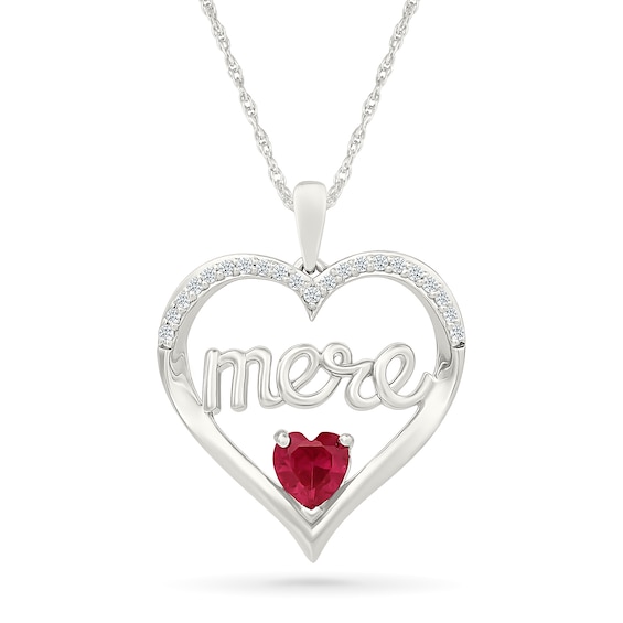 5.0mm Heart-Shaped Lab-Created Ruby and 0.115 CT. T.W. Diamond French “Mother” Heart Pendant in Sterling Silver