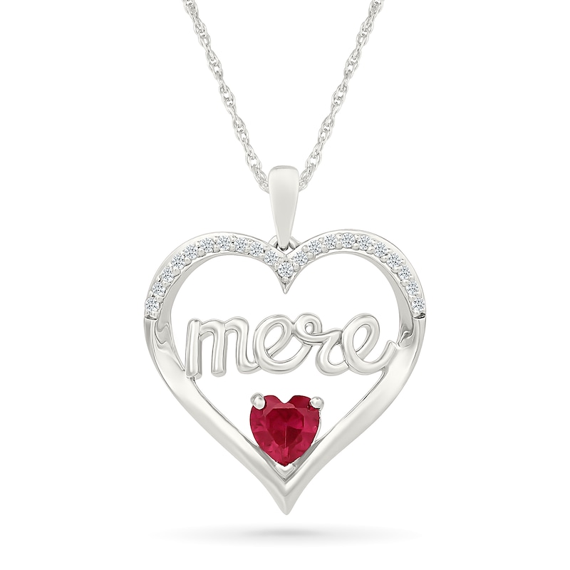 5.0mm Heart-Shaped Lab-Created Ruby and 0.115 CT. T.W. Diamond French “Mother” Heart Pendant in Sterling Silver