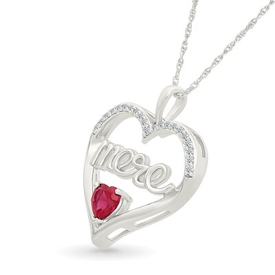 5.0mm Heart-Shaped Lab-Created Ruby and 0.115 CT. T.W. Diamond French “Mother” Heart Pendant in Sterling Silver