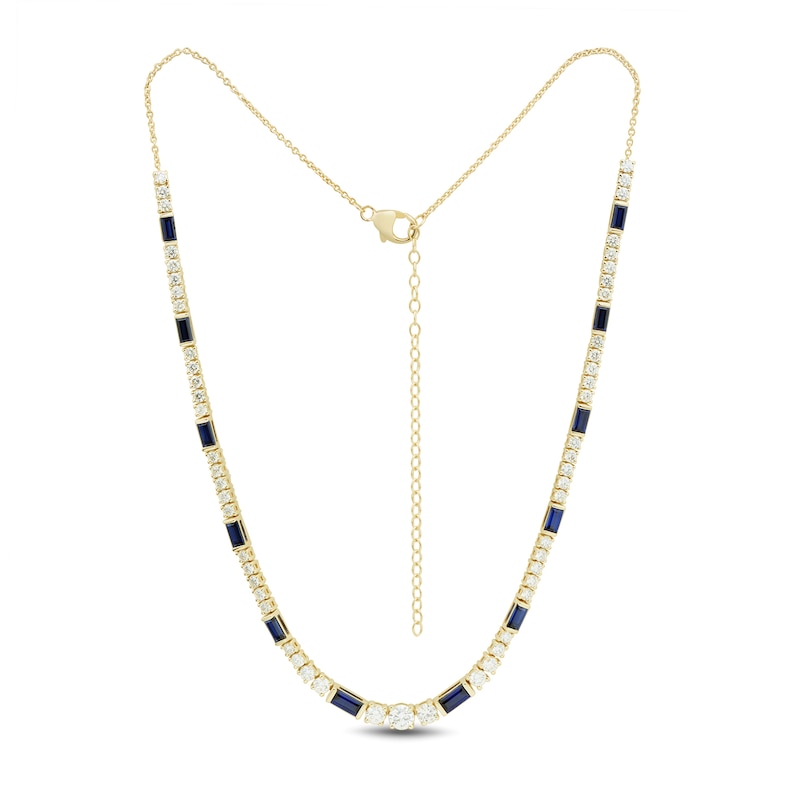 Main Image 1 of Baguette-Cut Blue Lab-Created Sapphire and 3.45 CT. T.W. Certified Lab-Grown Diamond Necklace in 10K Gold - 18.3”