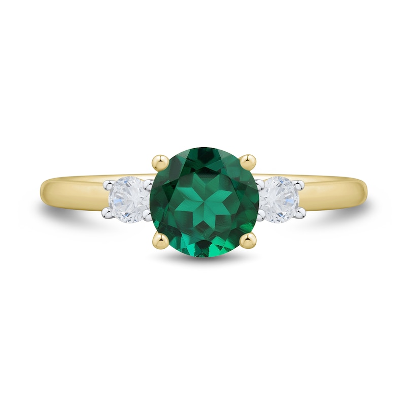 Main Image 2 of 7.0mm Lab-Created Emerald and 0.18 CT. T.W. Certified Lab-Grown Diamond Three Stone Ring in 10K Gold (F/SI2)
