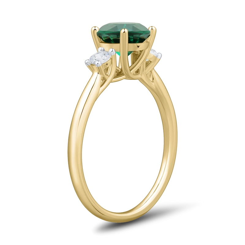 Main Image 3 of 7.0mm Lab-Created Emerald and 0.18 CT. T.W. Certified Lab-Grown Diamond Three Stone Ring in 10K Gold (F/SI2)
