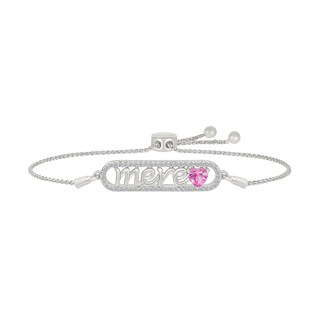 5.0mm Heart-Shaped Pink and White Lab-Created Sapphire French “Mother” Script Bolo Bracelet in Sterling Silver - 9.0"