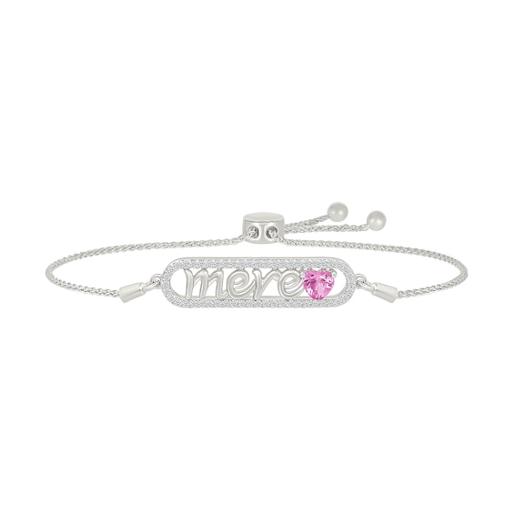 5.0mm Heart-Shaped Pink and White Lab-Created Sapphire French “Mother” Script Bolo Bracelet in Sterling Silver - 9.0"