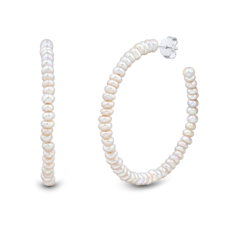 Main Image 1 of 3.5-4.0mm Freshwater Cultured Pearl Large Open Hoop Earrings in Sterling Silver