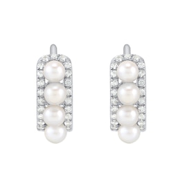 Freshwater Cultured Pearl and White Lab-Created Sapphire Mini Hoop Earrings in Sterling Silver