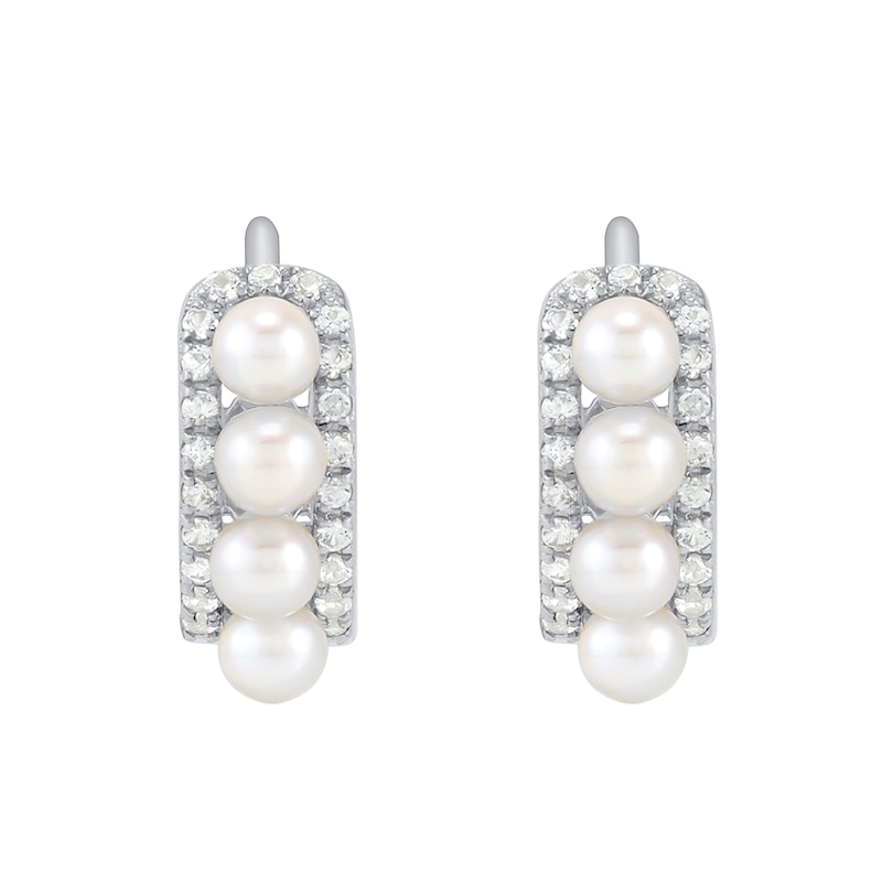 Freshwater Cultured Pearl and White Lab-Created Sapphire Mini Hoop Earrings in Sterling Silver