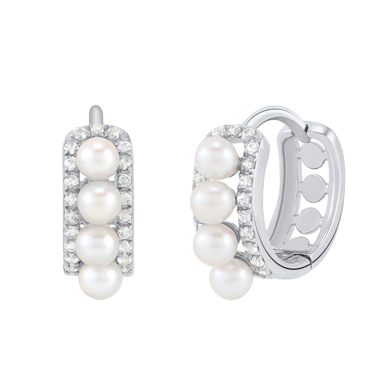 Freshwater Cultured Pearl and White Lab-Created Sapphire Mini Hoop Earrings in Sterling Silver