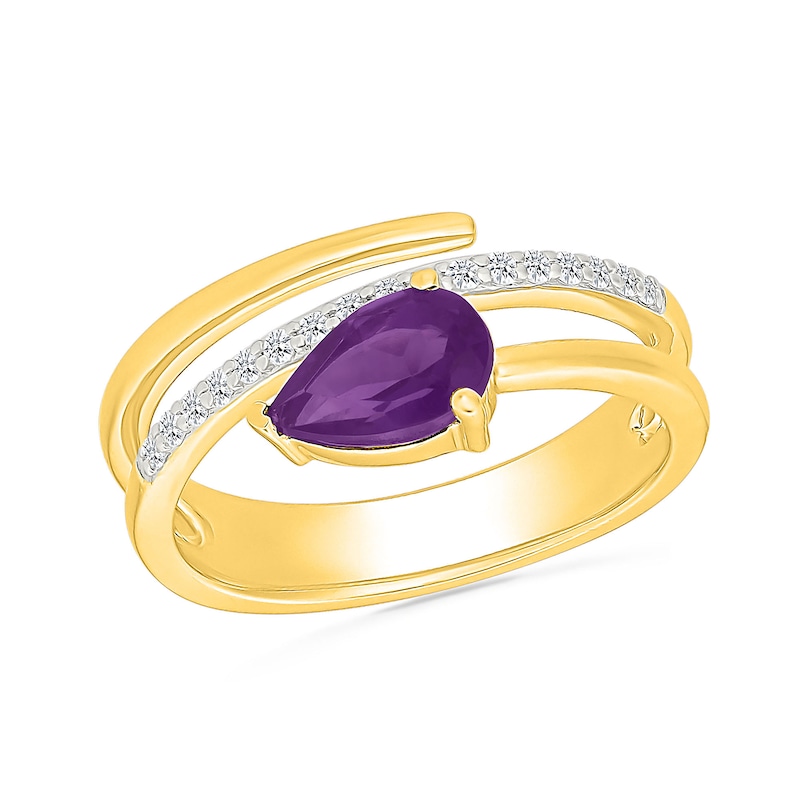 Main Image 1 of Pear-Shaped Amethyst and White Lab-Created Sapphire Open Wrap Ring in 10K Gold