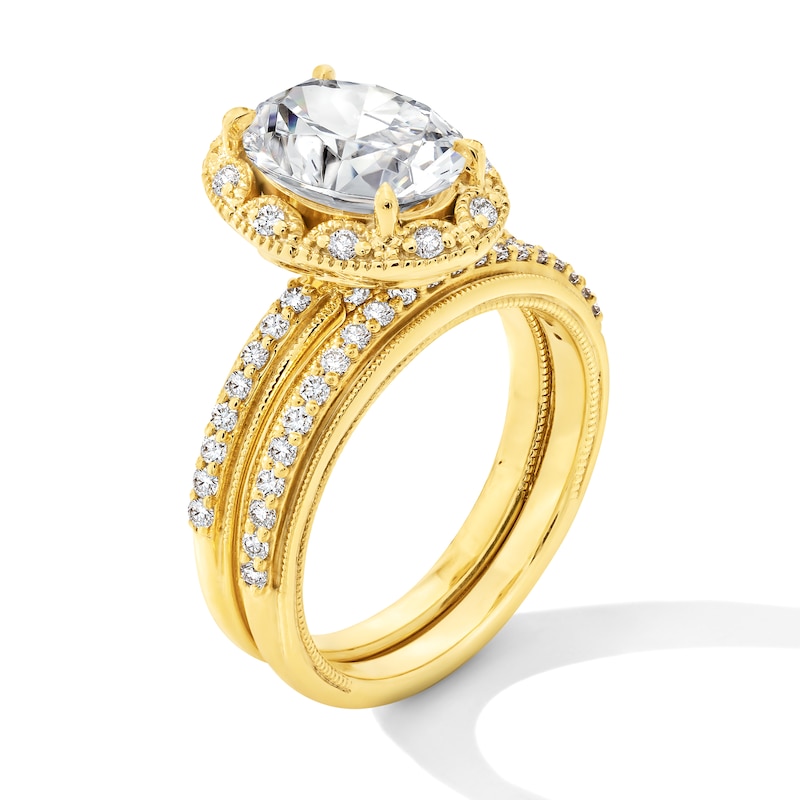 Main Image 2 of 2.50 CT. T.W. Oval Certified Lab-Grown Diamond Frame Vintage-Style Bridal Set in 14K Gold (F/VS2)