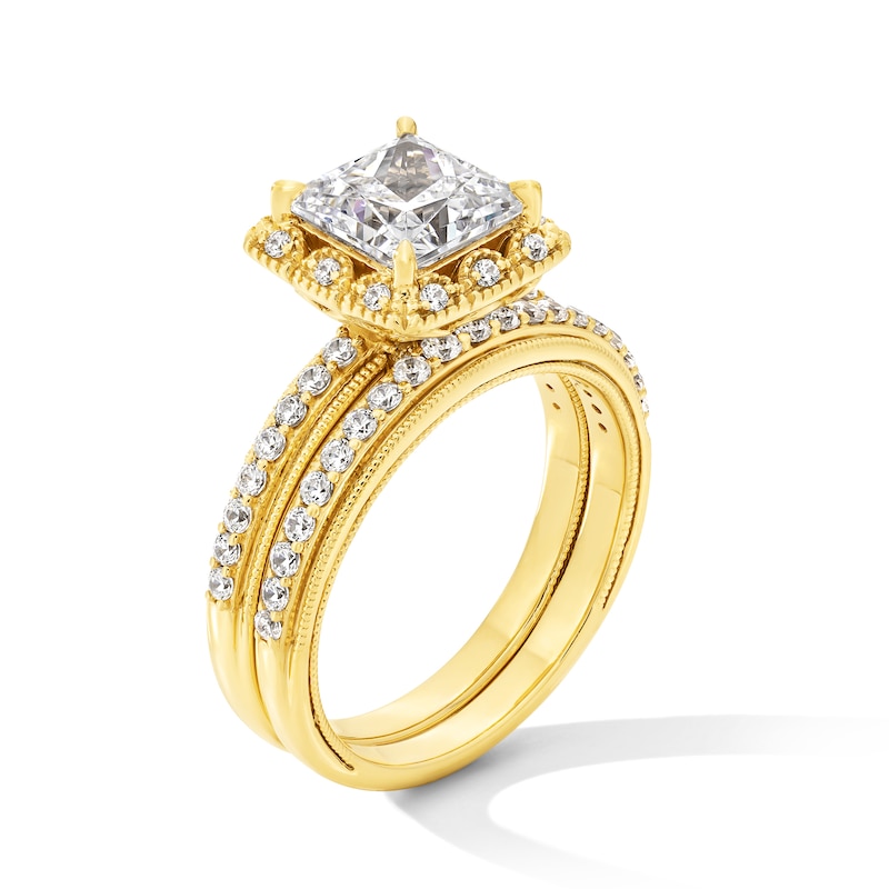 Main Image 2 of 2.50 CT. T.W. Princess-Cut Certified Lab-Grown Diamond Frame Vintage-Style Bridal Set in 14K Gold (F/VS2)