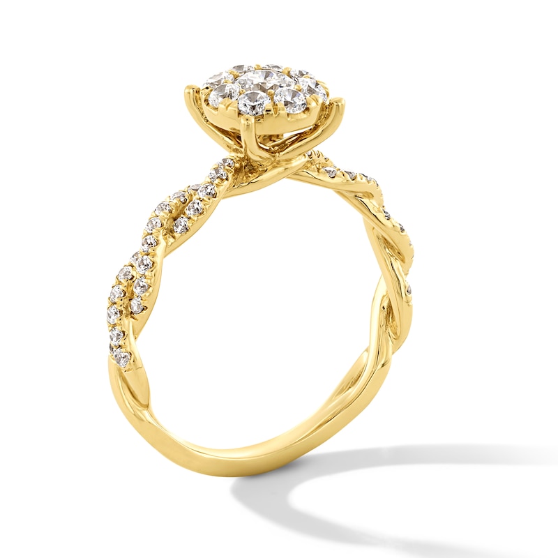 0.75 CT. T.W. Canadian Certified Centre Diamond Frame Twist Shank Engagement Ring in 14K Gold (I/I1)