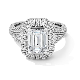 3.00 CT. T.W. Emerald-Cut Certified Lab-Grown Diamond Frame Vintage-Style Engagement Ring in 14K White Gold (F/VS2)