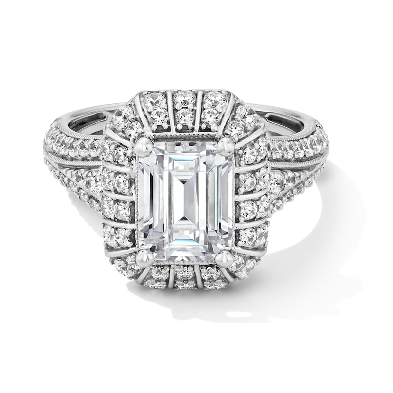 Main Image 1 of 3.00 CT. T.W. Emerald-Cut Certified Lab-Grown Diamond Frame Vintage-Style Engagement Ring in 14K White Gold (F/VS2)