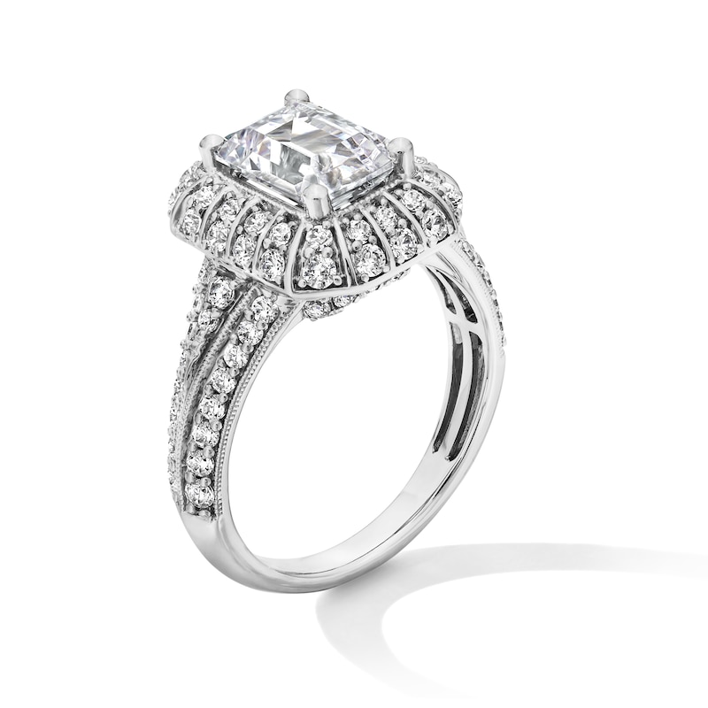 Main Image 2 of 3.00 CT. T.W. Emerald-Cut Certified Lab-Grown Diamond Frame Vintage-Style Engagement Ring in 14K White Gold (F/VS2)