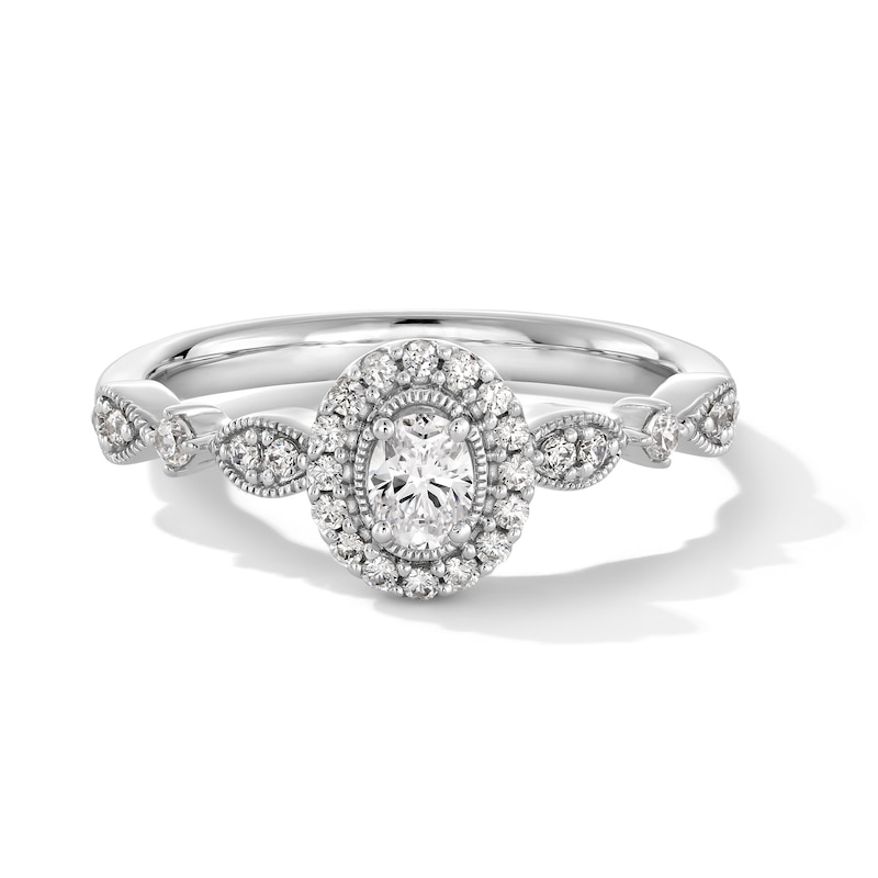 Main Image 1 of 0.30 CT. T.W. Oval Certified Lab-Grown Diamond Frame Art Deco Vintage-Style Promise Ring in Sterling Silver (F/VS2)