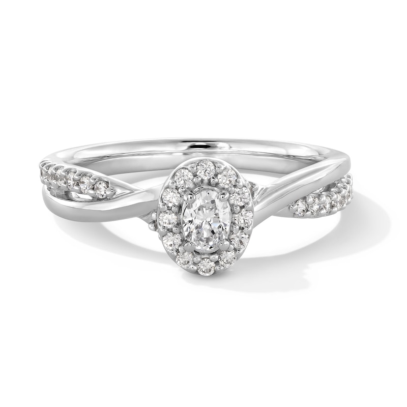 Main Image 1 of 0.30 CT. T.W. Oval Certified Lab-Grown Diamond Frame Crossover Shank Promise Ring in Sterling Silver (F/VS2)