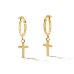 Cross Charm Hoop Drop Earrings in Hollow 10K Gold