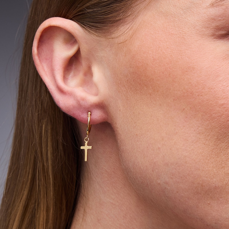 Cross Charm Hoop Drop Earrings in Hollow 10K Gold