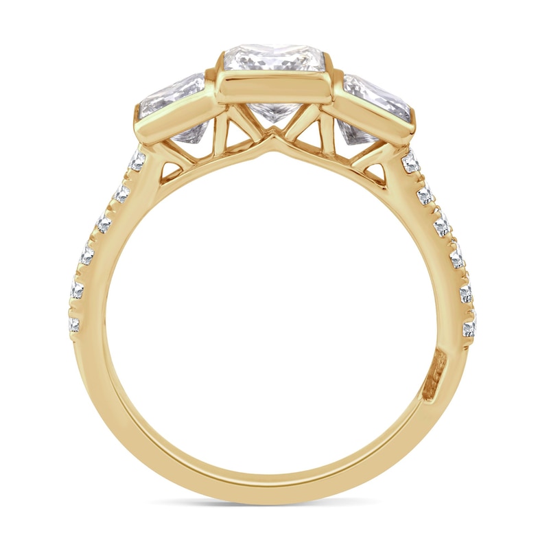 Main Image 2 of Perfect Fit 2.50 CT. T.W. Princess-Cut Certified Lab-Grown Diamond Bezel Three Stone Bridal Set in 14K Gold (F/VS2)
