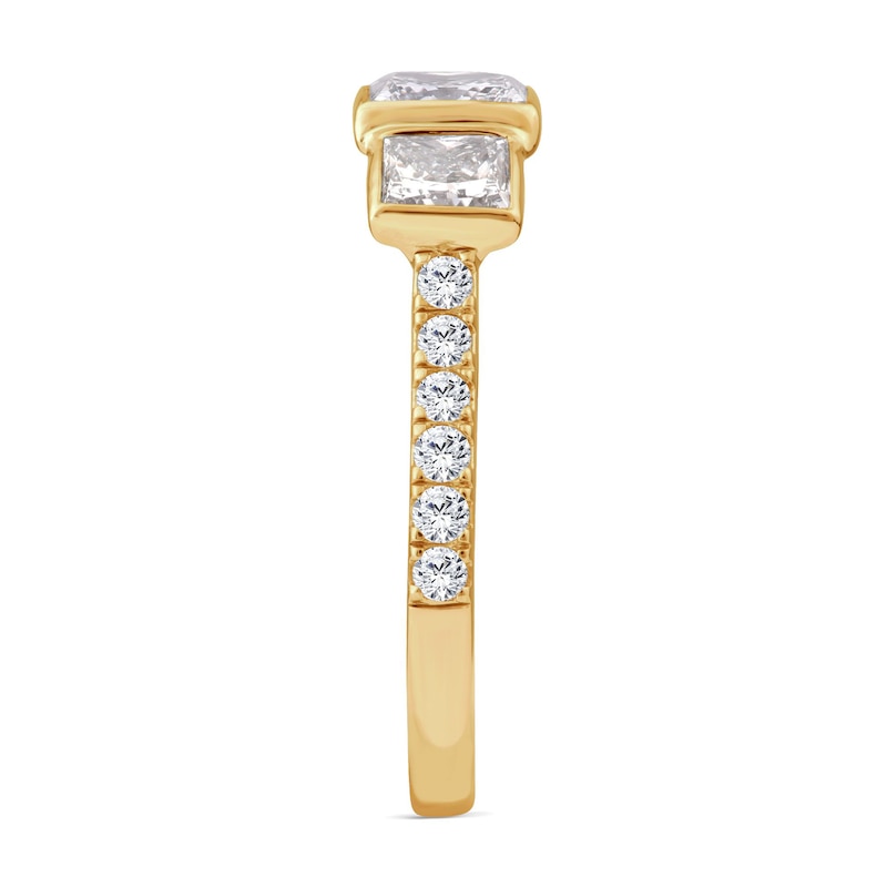 Main Image 3 of Perfect Fit 2.50 CT. T.W. Princess-Cut Certified Lab-Grown Diamond Bezel Three Stone Bridal Set in 14K Gold (F/VS2)