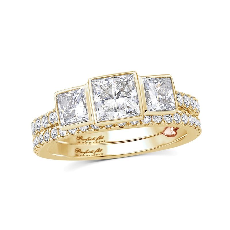 Main Image 7 of Perfect Fit 2.50 CT. T.W. Princess-Cut Certified Lab-Grown Diamond Bezel Three Stone Bridal Set in 14K Gold (F/VS2)