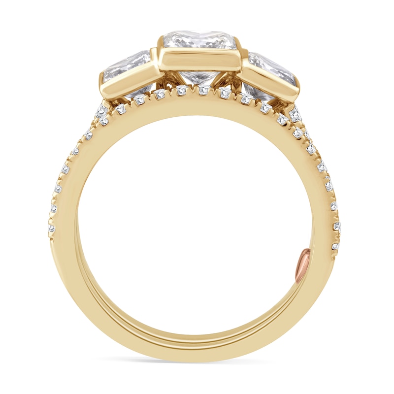 Main Image 8 of Perfect Fit 2.50 CT. T.W. Princess-Cut Certified Lab-Grown Diamond Bezel Three Stone Bridal Set in 14K Gold (F/VS2)