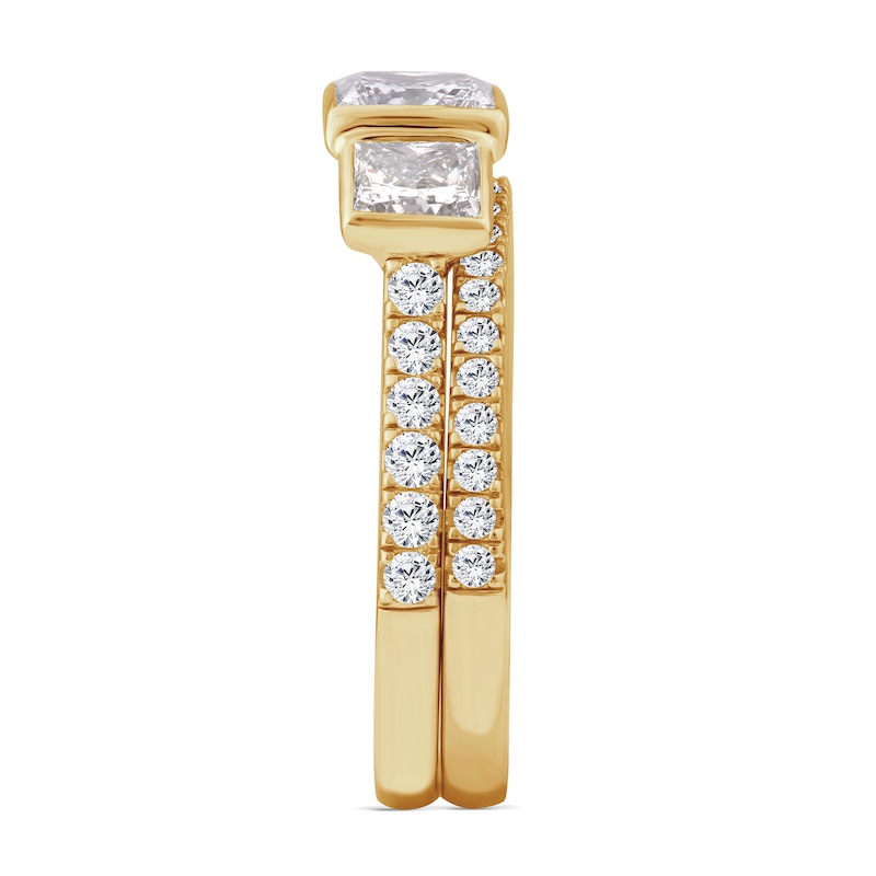 Main Image 9 of Perfect Fit 2.50 CT. T.W. Princess-Cut Certified Lab-Grown Diamond Bezel Three Stone Bridal Set in 14K Gold (F/VS2)