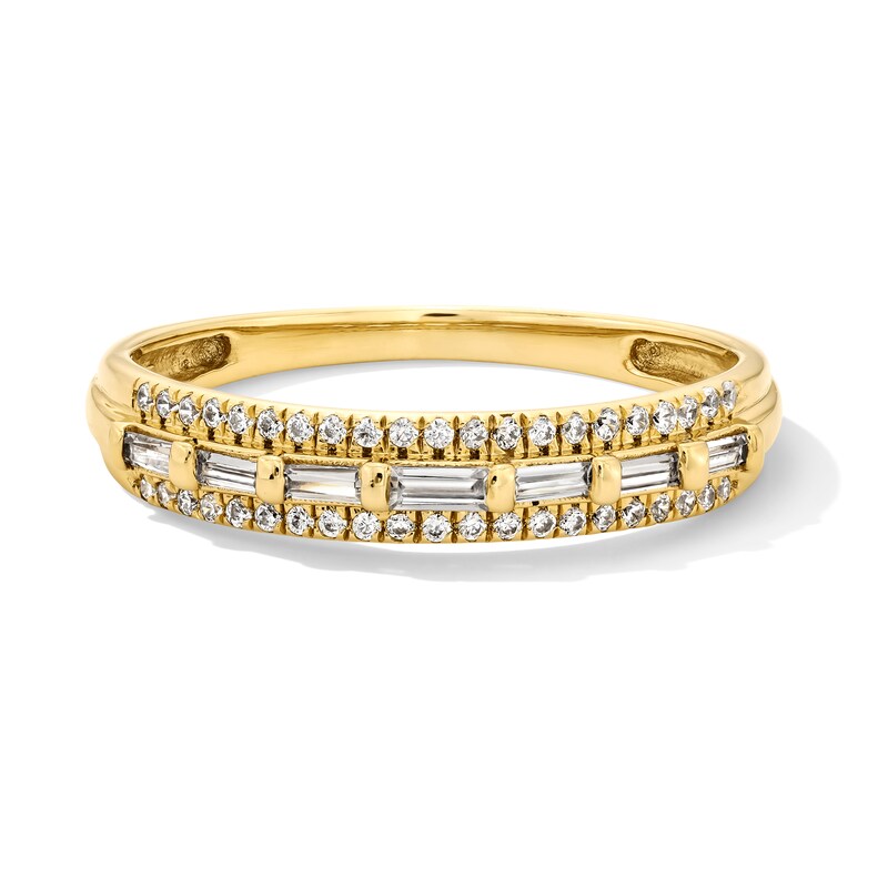 Main Image 1 of 0.25 CT. T.W. Baguette and Round Diamond Triple Row Band in 10K Gold