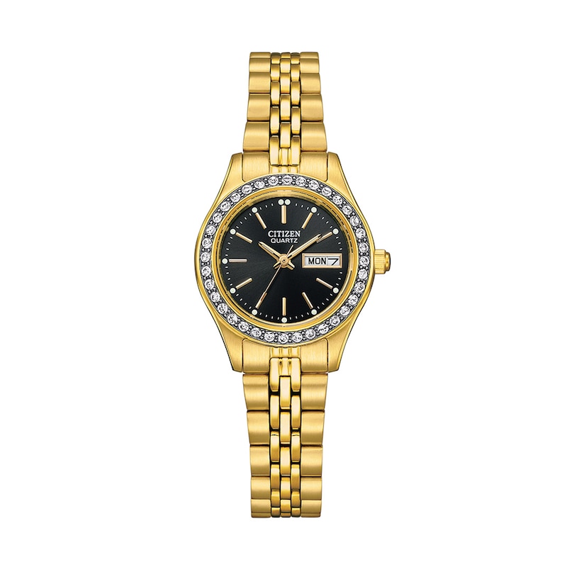 Ladies' Citizen Crystal Accent Gold-Tone IP Watch with Black Dial (Model: EQ0532-55E)