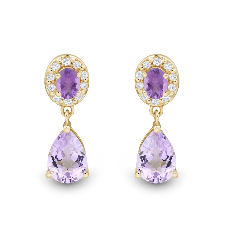 Oval and Pear-Shaped Amethyst and 0.085 CT. T.W. Diamond Frame Drop Earrings in 10K Gold