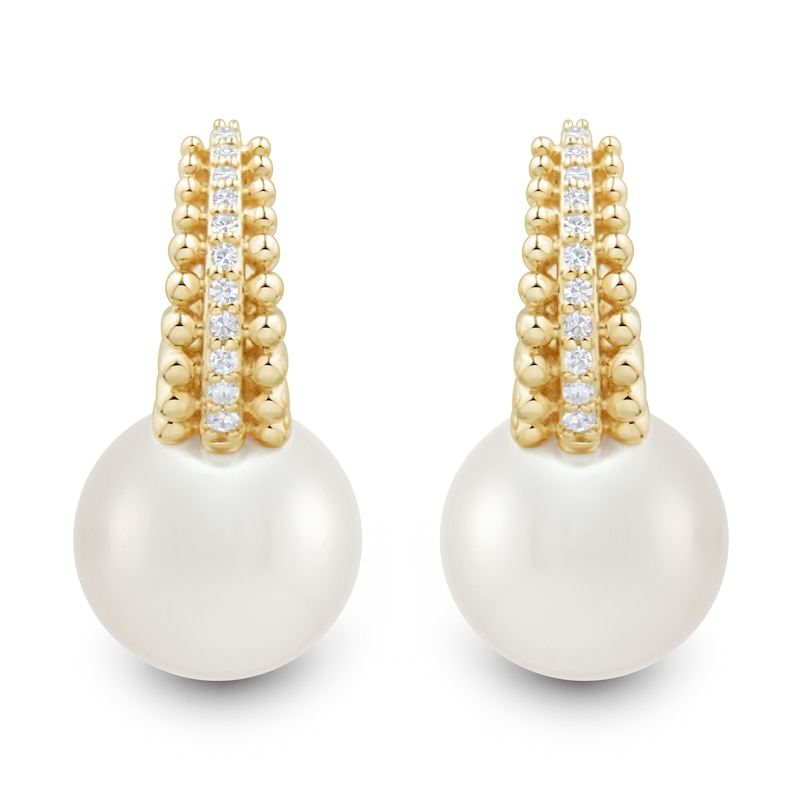 Main Image 1 of Freshwater Cultured Pearl and 0.085 CT. T.W. Diamond J-Hoop Earrings in 10K Gold