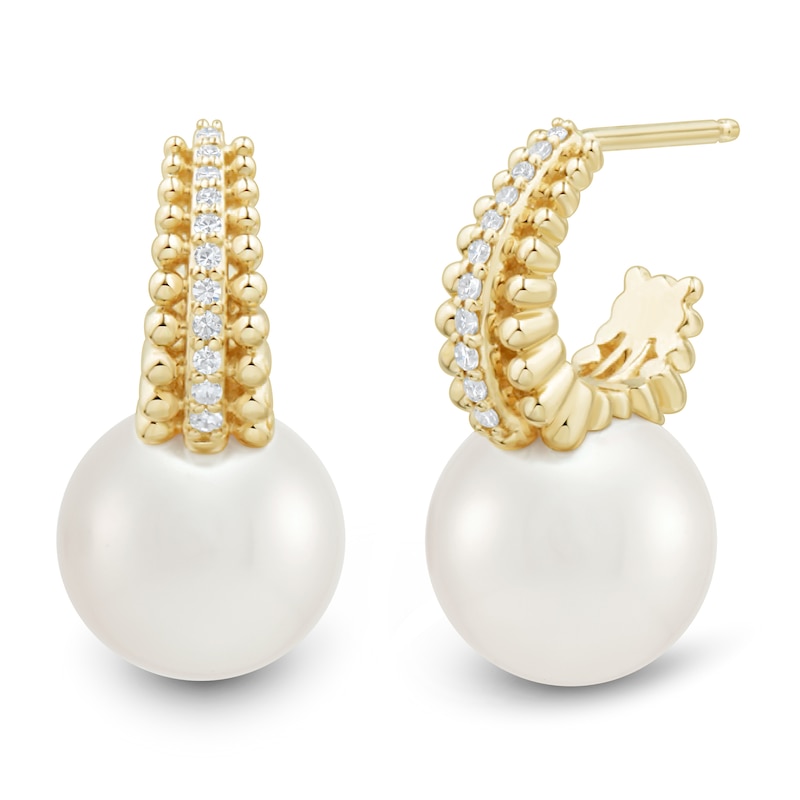 Main Image 2 of Freshwater Cultured Pearl and 0.085 CT. T.W. Diamond J-Hoop Earrings in 10K Gold
