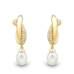 Freshwater Cultured Pearl Drop and 0.145 CT. T.W. Diamond J-Hoop Earrings in 10K Gold
